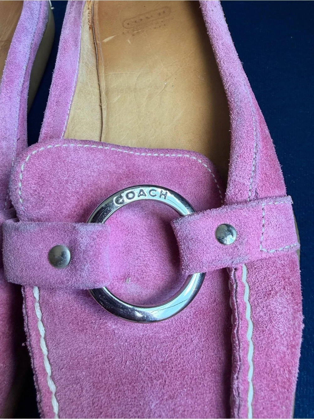 Coach Pink Randy Suede Loafers with Signature Ring Detail